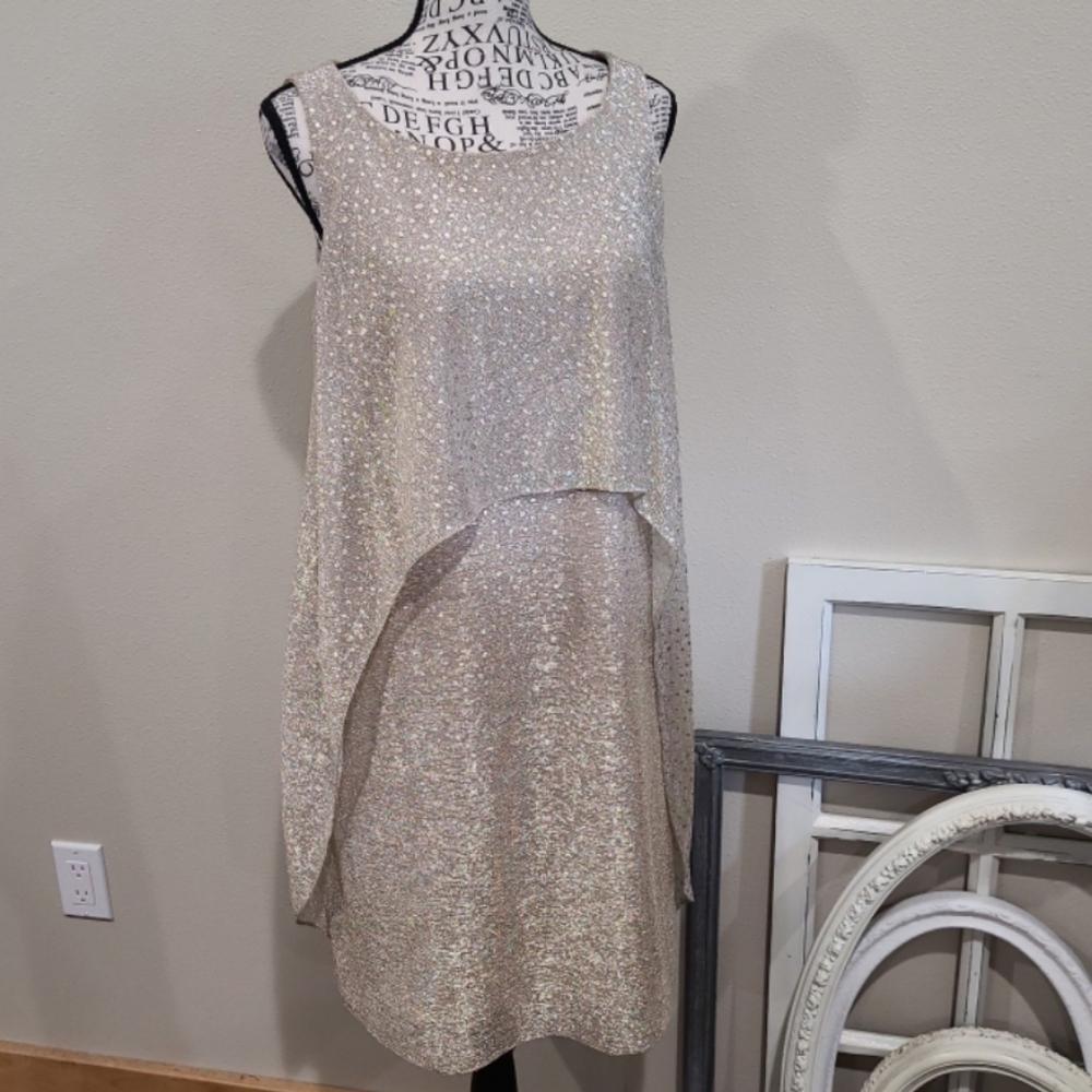 SLNY‎ women SZ 2 metalic gold layered sleeveless mini shift dress cocktail date